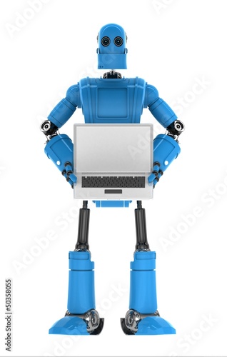 Illustration: Robot holding laptop with copyspace available Robot holding laptop with copyspace available