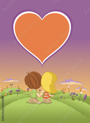 Vector: cute cartoon kids in love staring at the sunset cute cartoon kids in love staring at the sunset