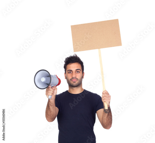 Photo: Serious businessman with a Megaphone and banner Serious businessman with a Megaphone and banner