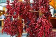 Hanging fresh dried paprika peppers