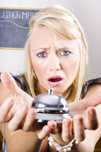 Photo: Sad Woman Holding Bell Of Bud Customer Service Sad Woman Holding Bell Of Bud Customer Service