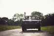 A couple driving in a sports car, man with his arms in the air
