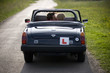 A young couple in a sports car car kissing, rear view
