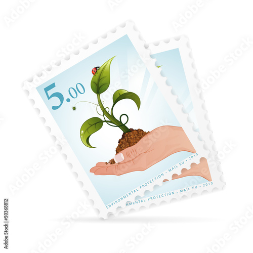 Vector: Postage Stamps with Hand and Sprout Postage Stamps with Hand and Sprout