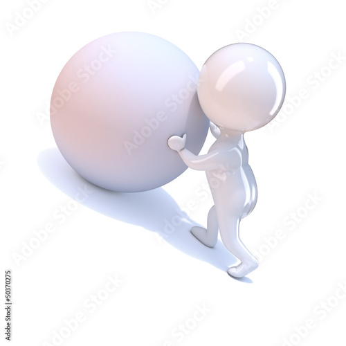 Illustration: Little man struggles to push a boulder uphill Little man struggles to push a boulder uphill