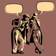 Vintage men discussing something with thinking balloons