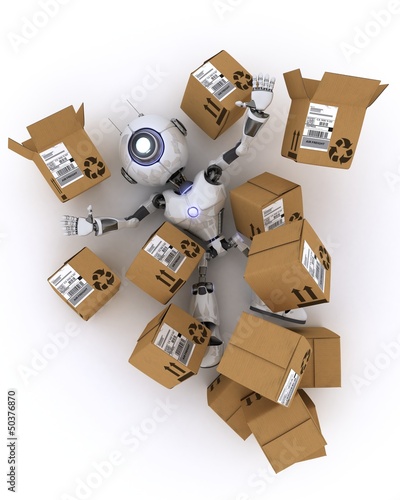 Illustration: Robot with Shipping Boxes Robot with Shipping Boxes