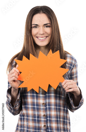 Photo: woman holding panel woman holding panel
