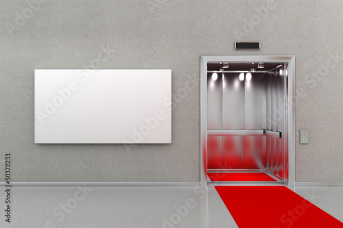 Illustration: Elevator with red carpet and blank billboard Elevator with red carpet and blank billboard