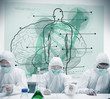 Chemists working in protective suit with futuristic interface sh