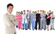Businessman standing in front of different types of workers