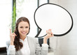smiling businesswoman with blank text bubble