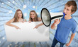 Pretty girls pointing to blank card with young man shouting thro