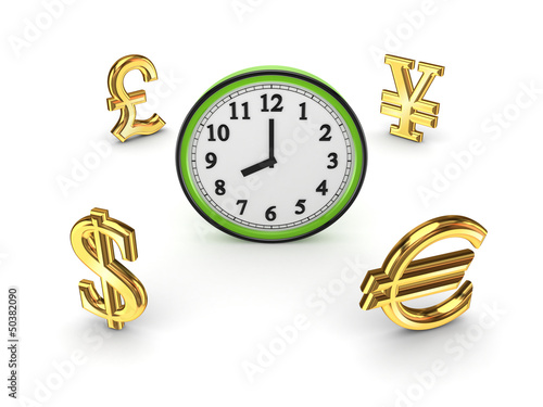 Illustration: Currencies around watch. Currencies around watch.
