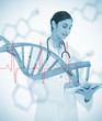 Doctor using tablet pc with graphic dna helix and ECG line
