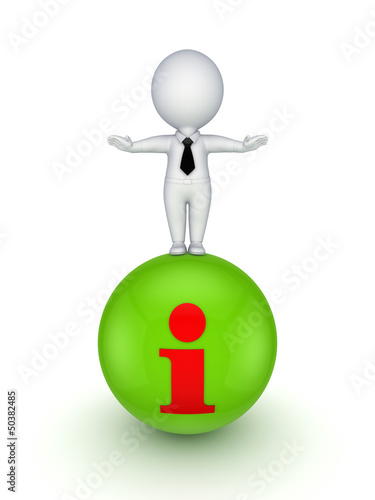 Illustration: 3d person standing on a ball with Info symbol. 3d person standing on a ball with Info symbol.
