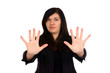 Woman holds up her hands