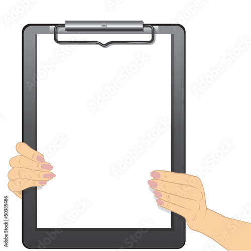 Vector: Hands holding a blank clipboard isolated on white background Hands holding a blank clipboard isolated on white background