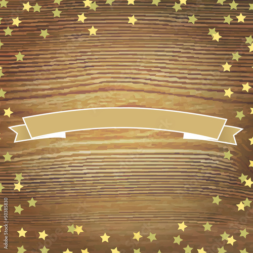 Vector: Wooden Background With Gold Stars And Banner Ribbon Wooden Background With Gold Stars And Banner Ribbon