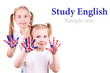 American and English flags on child's hands.