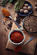 Assorted spices in small containers
