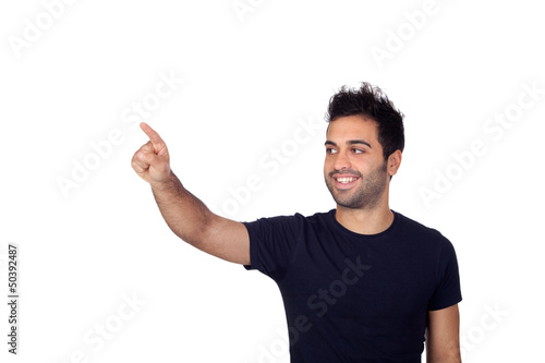 Photo: Attractive young men in black pointing something Attractive young men in black pointing something