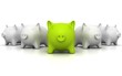 Large group of white piggy banks with one green leader