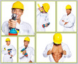 Hot worker in uniform and hardhat with tools