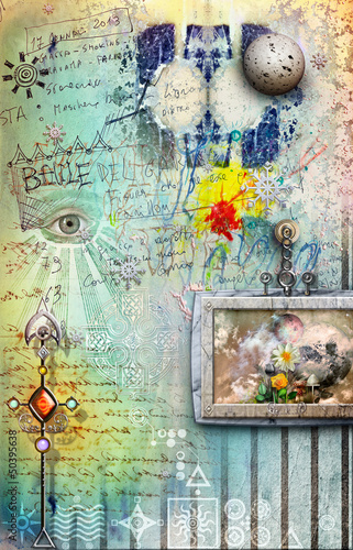 Illustration: Street art background and fantasy landscape in frame Street art background and fantasy landscape in frame
