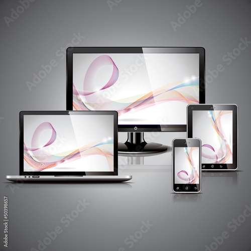 Vector: Vector technology styled illustration with shiny devices. Vector technology styled illustration with shiny devices.