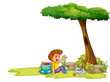 A boy and his cat under the tree
