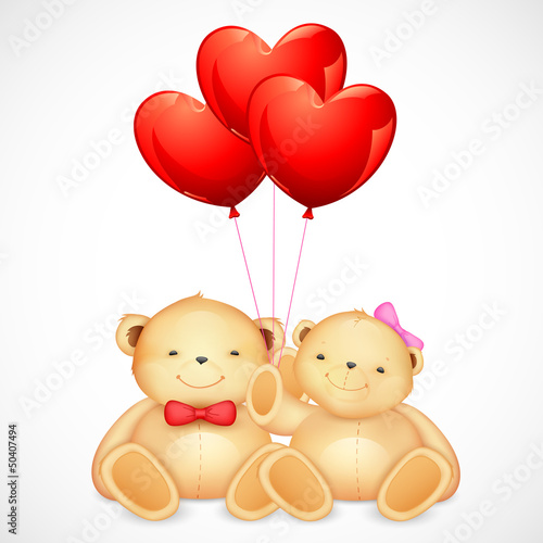 Vector: Cute Couple of Teddy Bear holding Heart Balloon Cute Couple of Teddy Bear holding Heart Balloon