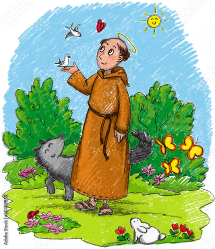 Illustration: Saint Francis of Assisi in a wood with wild animals Saint Francis of Assisi in a wood with wild animals