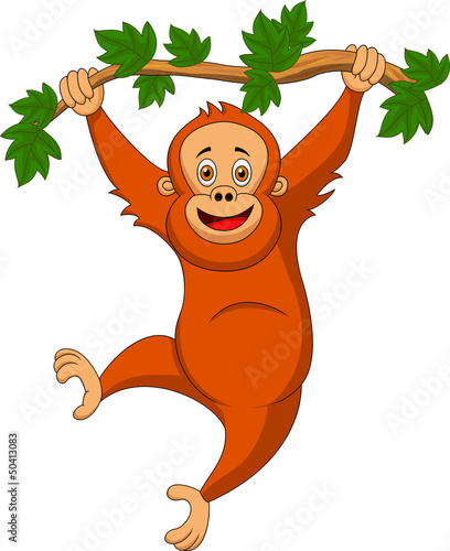Vector: Cute orangutan cartoon hanging on a tree branch Cute orangutan cartoon hanging on a tree branch