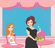 illustration of thick and thin girls in restaurant