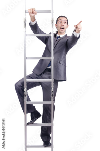 Photo: Businessman climbing the ladder isolated on white Businessman climbing the ladder isolated on white