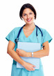 Smiling medical doctor woman with stethoscope.