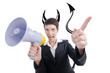 Young business lady screaming to loudspeaker