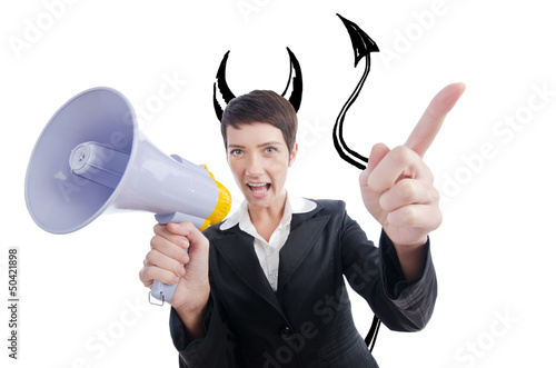 Photo: Young business lady screaming to loudspeaker Young business lady screaming to loudspeaker