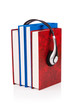 Concept of audio books with earphones on white
