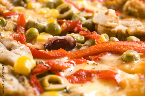Photo: Pizza with chicken, pepper and olives Pizza with chicken, pepper and olives