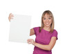 Beautiful girl holding a blank poster for advertising