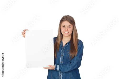 Photo: Beautiful young girl holding a blank poster for advertising Beautiful young girl holding a blank poster for advertising