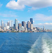 Seattle waterfront Pier 55 and 54. Downtown view from ferry.