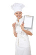 Photo: woman chef, cook happy holding blank clipboard woman chef, cook happy holding blank clipboard