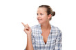 Woman pointing isolated on white background