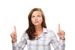 Woman pointing isolated on white background