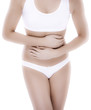 Woman massaging pain stomach isolated on white