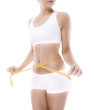 Woman measuring her slim body isolated on white background