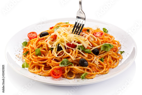 Photo: Pasta with meat, tomato sauce, parmesan and vegetables Pasta with meat, tomato sauce, parmesan and vegetables